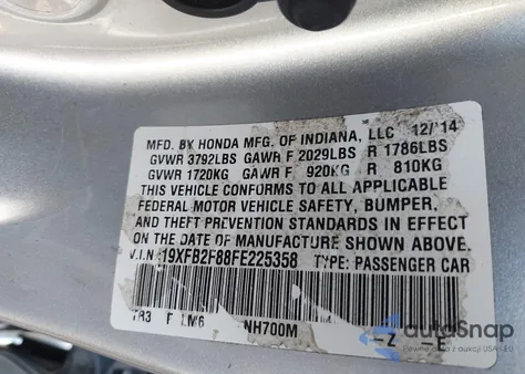 2015 Honda Civic Ex from USA, damaged, VIN 19XFB2F88FE225358